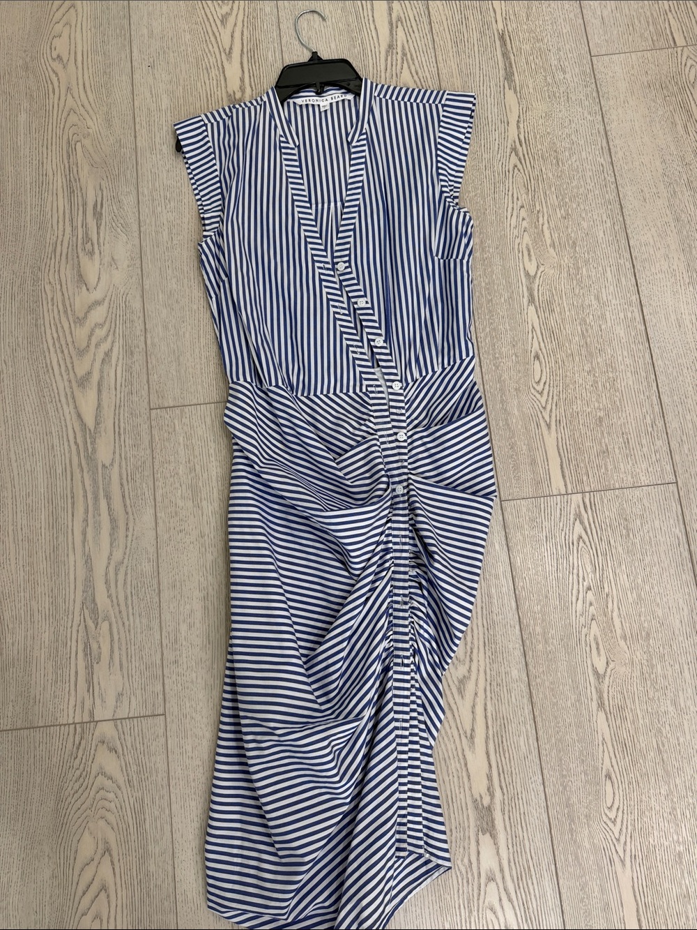 Veronica Beard Blue and White Striped Ruched Midi Dress